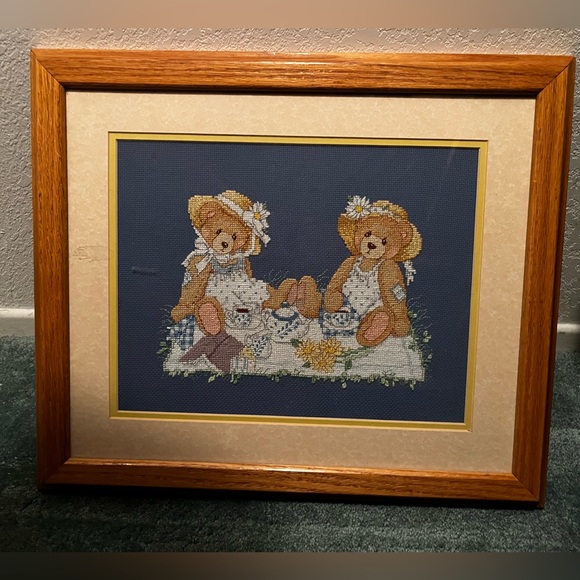 Brown and Blue Fiber Art Needlepoint with Teddy Bears - Picture 1 of 2